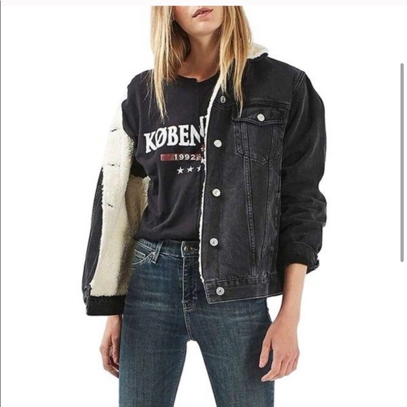 Topshop Moto Sherpa Black Denim Jacket - Picture 2 of 5